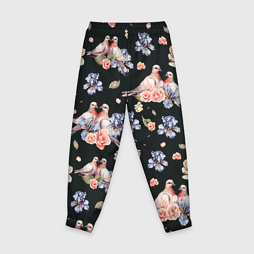 Детские брюки Голуби с розами и ирисами black / 3D-принт – фото 2
