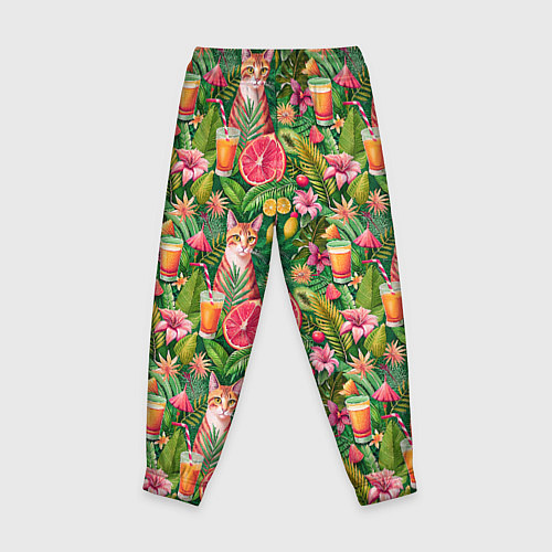 Детские брюки Летний котик с коктейлем в тропических цветах / 3D-принт – фото 2