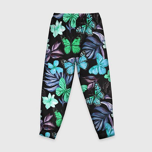 Детские брюки Бабочки и тропические цветы на черном фоне / 3D-принт – фото 2