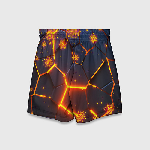 Детские шорты НОВОГОДНИЕ ОГНЕННЫЕ 3D ПЛИТЫ FIRE NEON HEXAGON / 3D-принт – фото 2