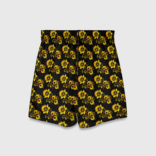 Детские шорты Хохломская роспись цветы на чёрном фоне / 3D-принт – фото 2
