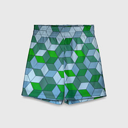 Детские шорты Зелёные и серые абстрактные кубы с оптической иллю