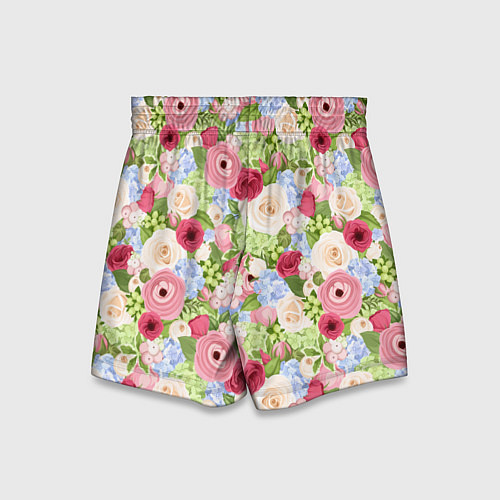 Детские шорты Фон с розами, лютиками и гортензиями / 3D-принт – фото 2