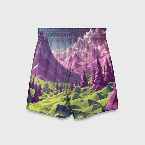 Детские шорты Геометрический зеленый пейзаж и фиолетовые горы / 3D-принт – фото 2