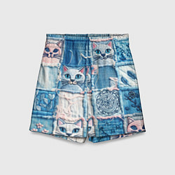 Шорты детские Кошки на пэчворк джинсах паттерн, цвет: 3D-принт