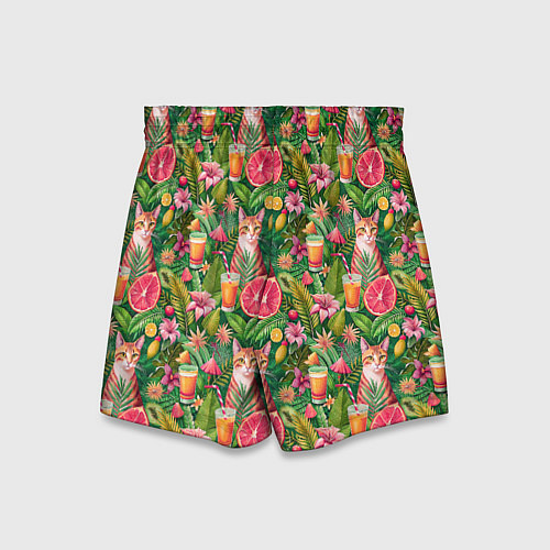 Детские шорты Летний котик с коктейлем в тропических цветах / 3D-принт – фото 2