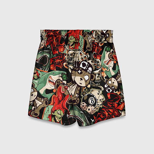 Детские шорты Граффити плюшевого медведя среди акул азарта / 3D-принт – фото 2
