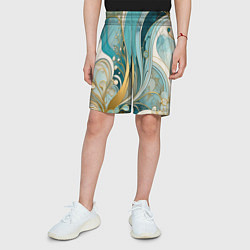 Шорты детские Бирюзовый с белым растительный узор в мягких тонах, цвет: 3D-принт — фото 2