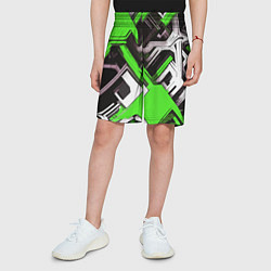Шорты детские Бело-зелёный техно паттерн на чёрном фоне, цвет: 3D-принт — фото 2