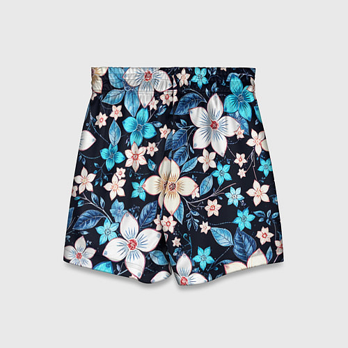 Детские шорты Сине-белые цветы на чёрном фоне / 3D-принт – фото 2