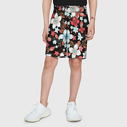 Шорты детские Красно-белые цветы на чёрном фоне, цвет: 3D-принт — фото 2