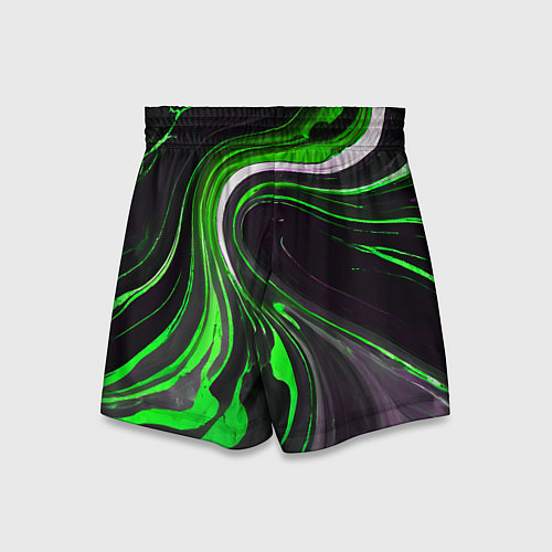 Детские шорты Волнистые бело-зелёные линии на чёрном фоне / 3D-принт – фото 2