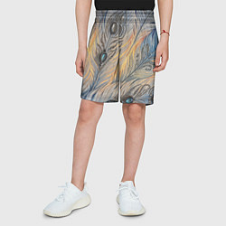 Шорты детские Синие перья с самоцветами, цвет: 3D-принт — фото 2