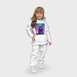 Детский костюм оверсайз Енот на фоне неонового города, цвет: белый — фото 2