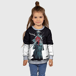 Свитшот детский Скелет Самурай с трубкой на черно белом фоне, цвет: 3D-меланж — фото 2
