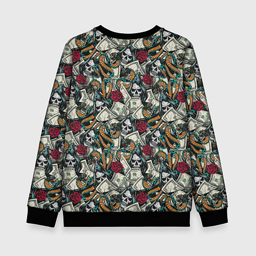 Детский свитшот Смерть, Змея, Доллары, Розы / 3D-Черный – фото 2