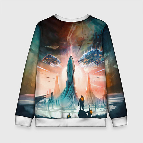 Детский свитшот Stellaris космические корабли на фоне башни / 3D-Белый – фото 2