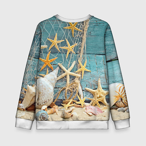Детский свитшот Натюрморт из сети, морских звёзд и ракушек - лето / 3D-Белый – фото 2