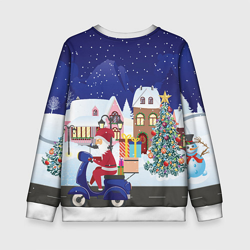 Детский свитшот Дед Мороз едет на скутере с подарками в Новогоднюю / 3D-Белый – фото 2