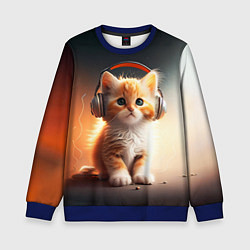 Свитшот детский Милый рыжий котёнок в наушниках, цвет: 3D-синий