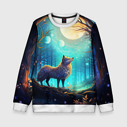 Свитшот детский Волк в ночном лесу в folk art стиле, цвет: 3D-белый