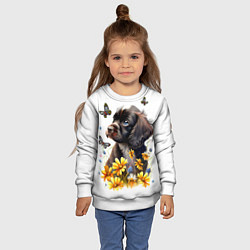 Свитшот детский Черный щенок и жёлтые полевые цветы, цвет: 3D-белый — фото 2
