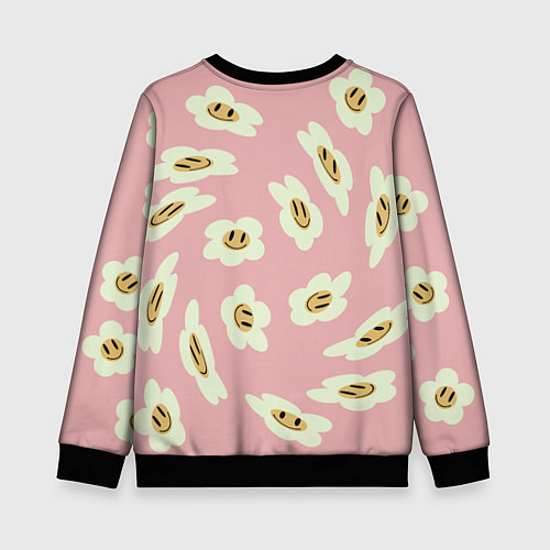 Детский свитшот Искаженные смайлы-цветы на розовом паттер / 3D-Черный – фото 2