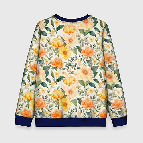 Детский свитшот Желтые и розовые хризантемы и пионы на светлом фон / 3D-Синий – фото 2
