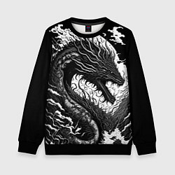 Свитшот детский Черно-белый дракон и волны, цвет: 3D-черный