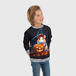 Свитшот детский Хомяк в шляпе ведьмы и тыква на Хэллоуин, цвет: 3D-меланж — фото 2