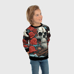 Свитшот детский Череп викинга на корабле с розами в стиле тату ире, цвет: 3D-черный — фото 2