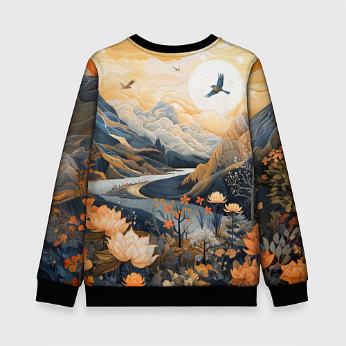 Детский свитшот Солнечное утро в цветущих горах / 3D-Черный – фото 2