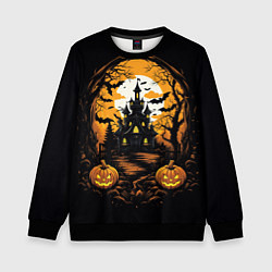Свитшот детский Ночной хэллоуинский замок и тыквы, цвет: 3D-черный