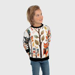 Свитшот детский Совы в осеннем лесу в стиле фолк-арт, цвет: 3D-черный — фото 2