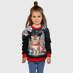 Свитшот детский Новогодний котик у ёлок в шарфе горы в снежинках, цвет: 3D-красный — фото 2