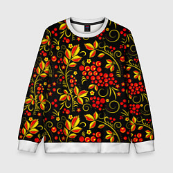 Свитшот детский Хохломская роспись золотистые листья чёрном фоне, цвет: 3D-белый