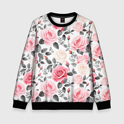 Свитшот детский Розовые розы и серые листочки - паттерн, цвет: 3D-черный