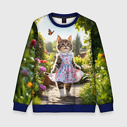Свитшот детский Кошка в летнем платье в саду, цвет: 3D-синий