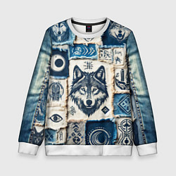 Свитшот детский Волки на дениме, цвет: 3D-белый