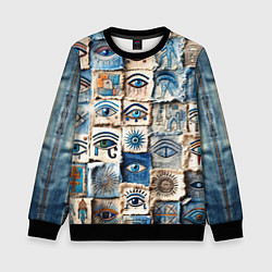 Свитшот детский Глаза на пэчворк дениме, цвет: 3D-черный