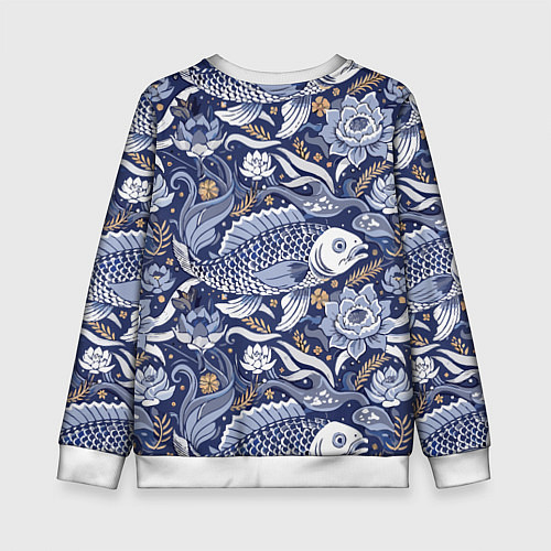 Детский свитшот Рыба карп - синий корейский узор / 3D-Белый – фото 2