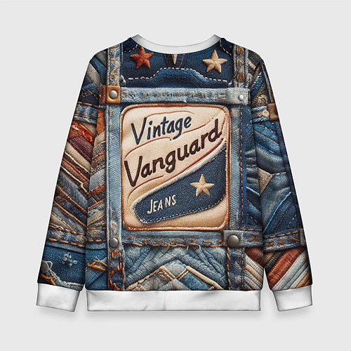 Детский свитшот Vintage vanguard jeans - patchwork / 3D-Белый – фото 2