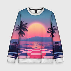 Свитшот детский Пальмы на шахматном полу с видом на закат, цвет: 3D-белый