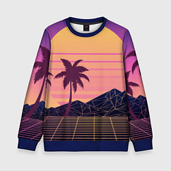 Свитшот детский Vaporwave геометрические горы и силуэты пальм, цвет: 3D-синий