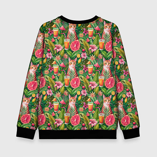 Детский свитшот Летний котик с коктейлем в тропических цветах / 3D-Черный – фото 2