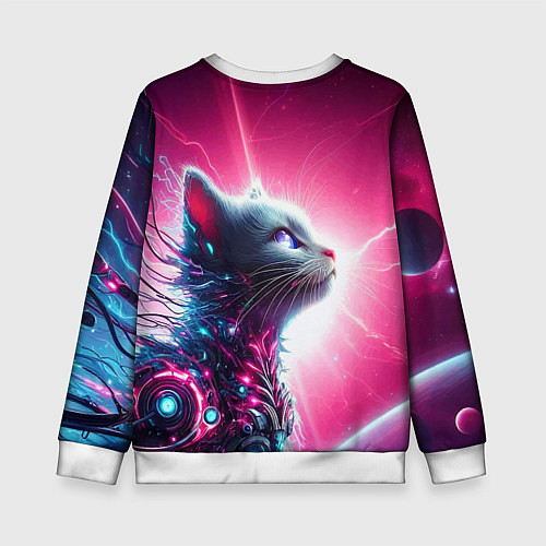 Детский свитшот Космический кибер котёнок - неоновое свечение / 3D-Белый – фото 2