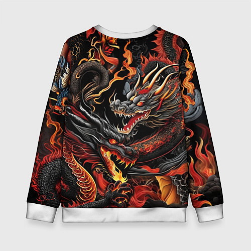 Детский свитшот Огненные драконы в стиле тату ирезуми на черном / 3D-Белый – фото 2