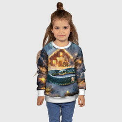 Свитшот детский Большая змея на фоне новогоднего дома, цвет: 3D-белый — фото 2
