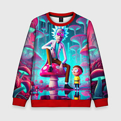 Свитшот детский Рик и Морти у сказочного озера среди грибов, цвет: 3D-красный