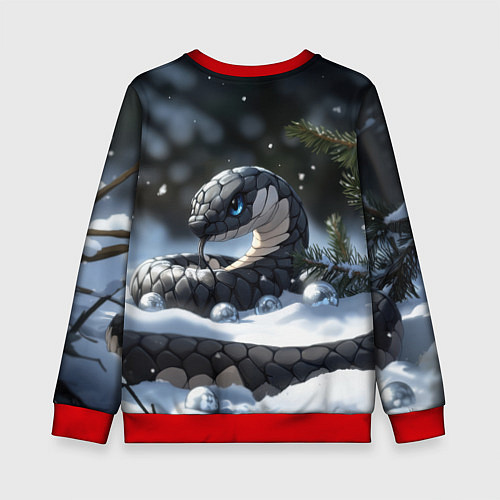 Детский свитшот Новогодняя черная змея с голубыми глазами / 3D-Красный – фото 2